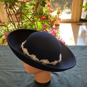 Elegant Navy Wool Hat with White Beaded Floral Trim